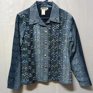 Coldwater Creek Jeans Jacket Blue Aztec Print Button Up Point Collar Petite PS
